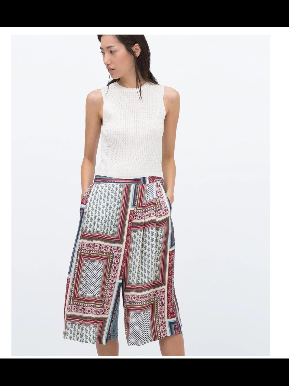 Zara High-Waist Patchwork Print Wide-Leg Shorts - White/Multi Size M!